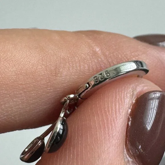 925 Silver Black Cherry & Heart Chain Hoop Earrings - Picture 7 of 9